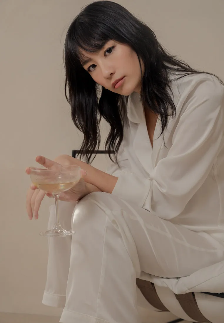 PORTER SATIN SILK LONG SLEEVE AND PANTS LOUNGEWEAR SET MILK