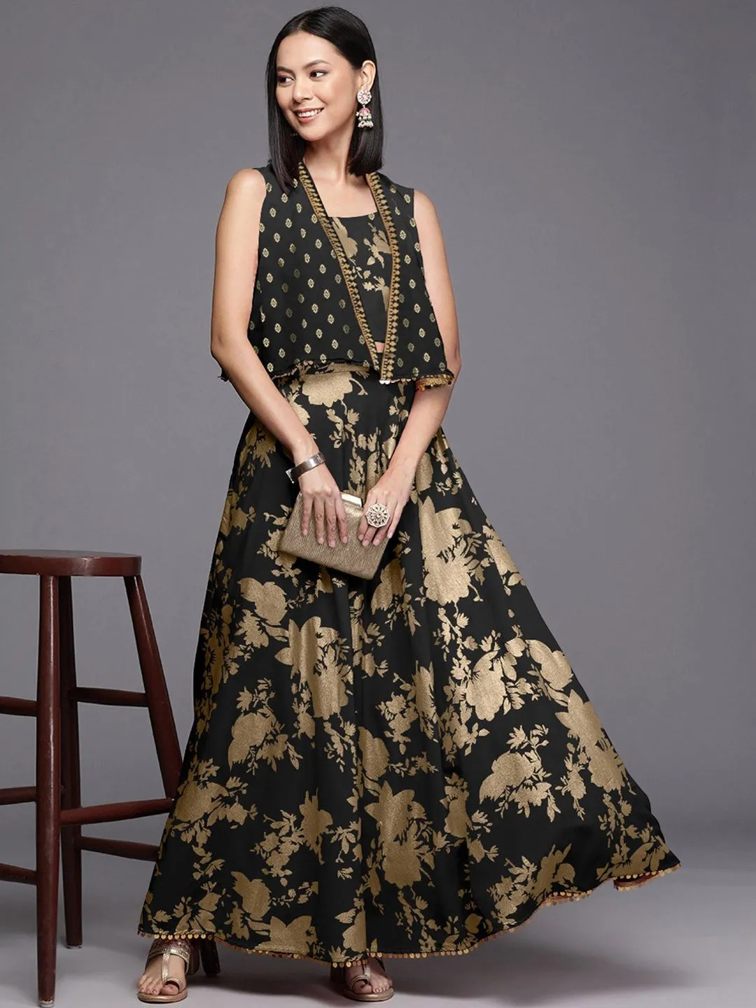 Printed Flared Maxi Skirt-AHSKCRSP-15032