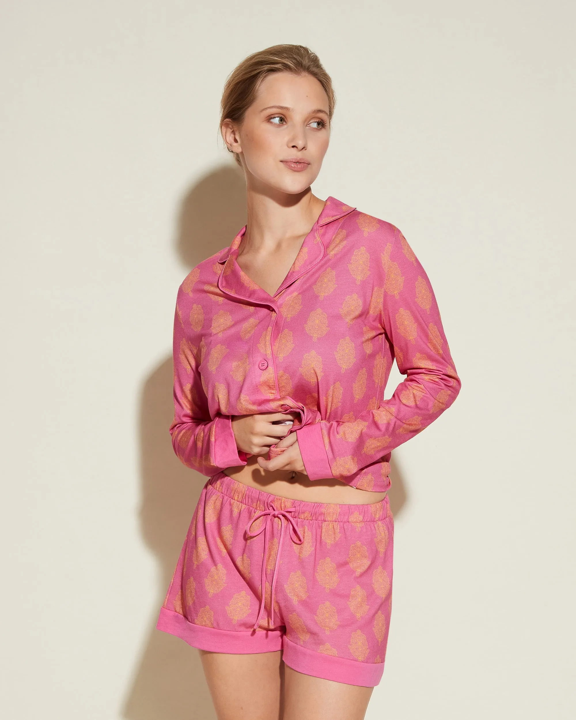 Printed Long Sleeve Top & Boxer Pajama Set