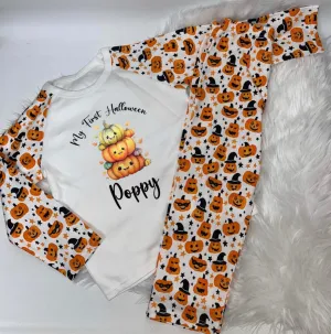 Pumpkin Print Personalised Pyjamas my 1st Halloween Design
