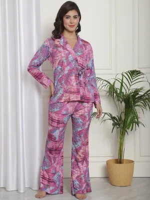 Purple Abstract Printed Viscose Rayon Night Suit