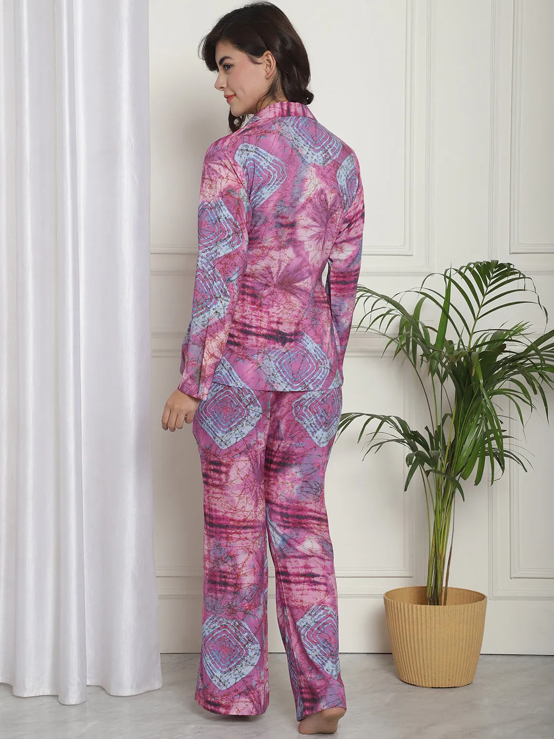 Purple Abstract Printed Viscose Rayon Night Suit
