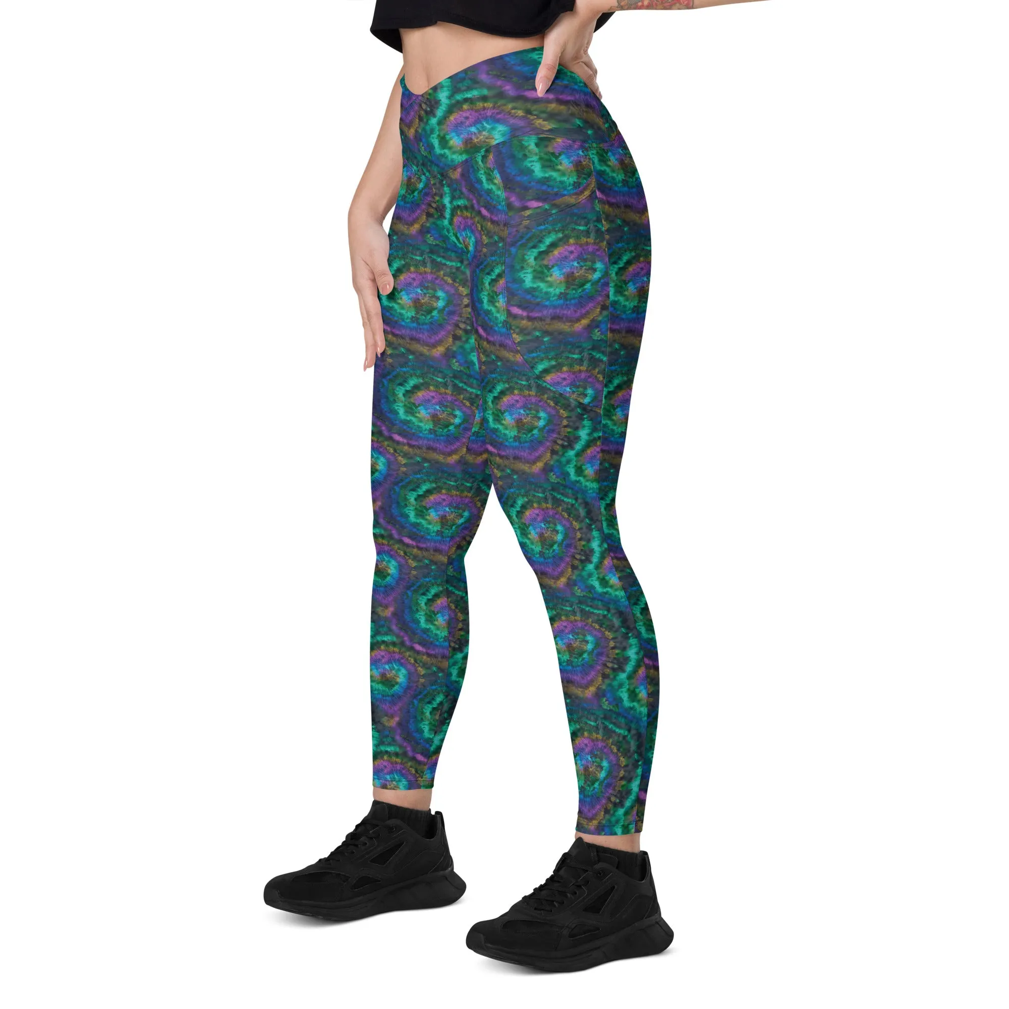 Purple and Blue Tie Dye Crossover leggings with pockets