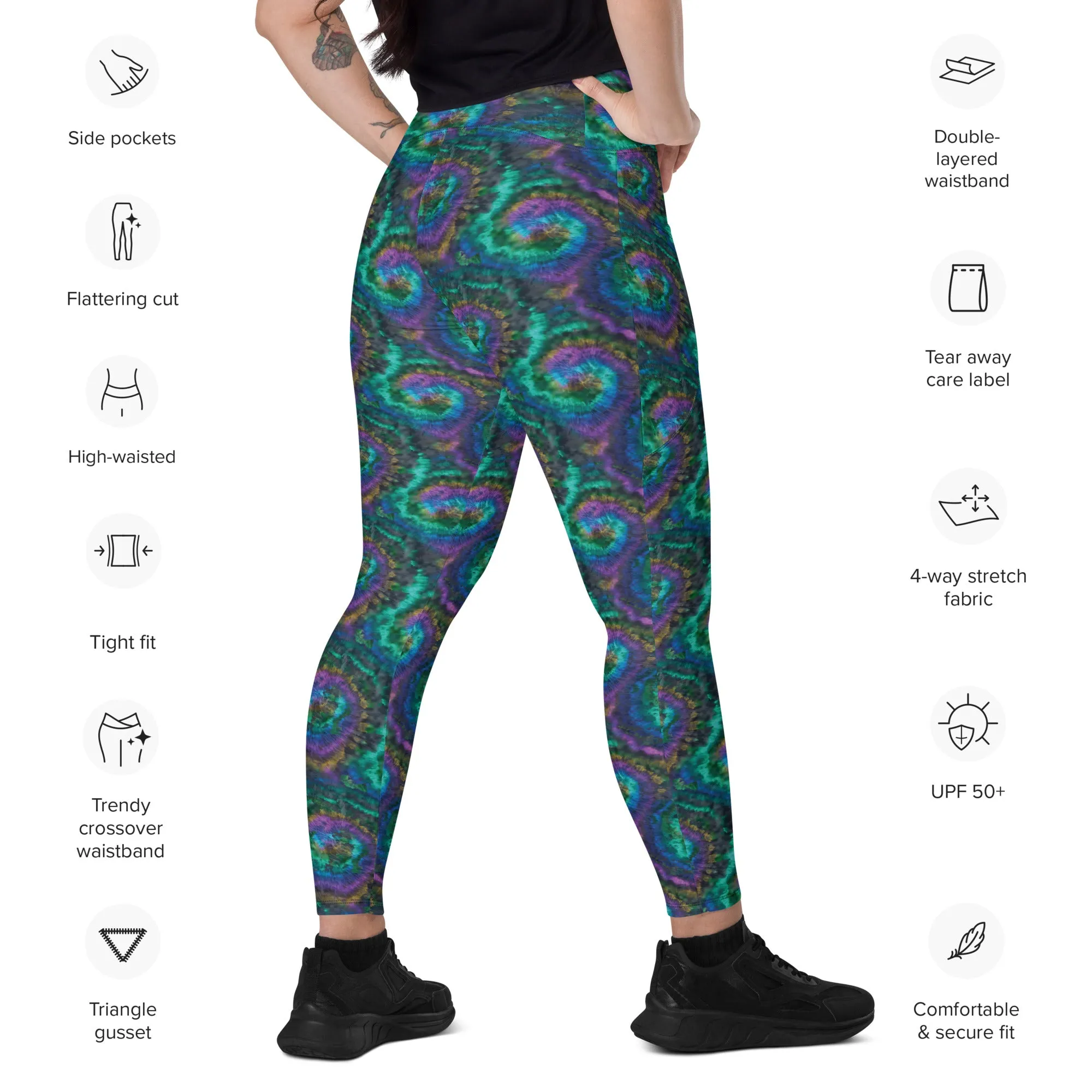 Purple and Blue Tie Dye Crossover leggings with pockets