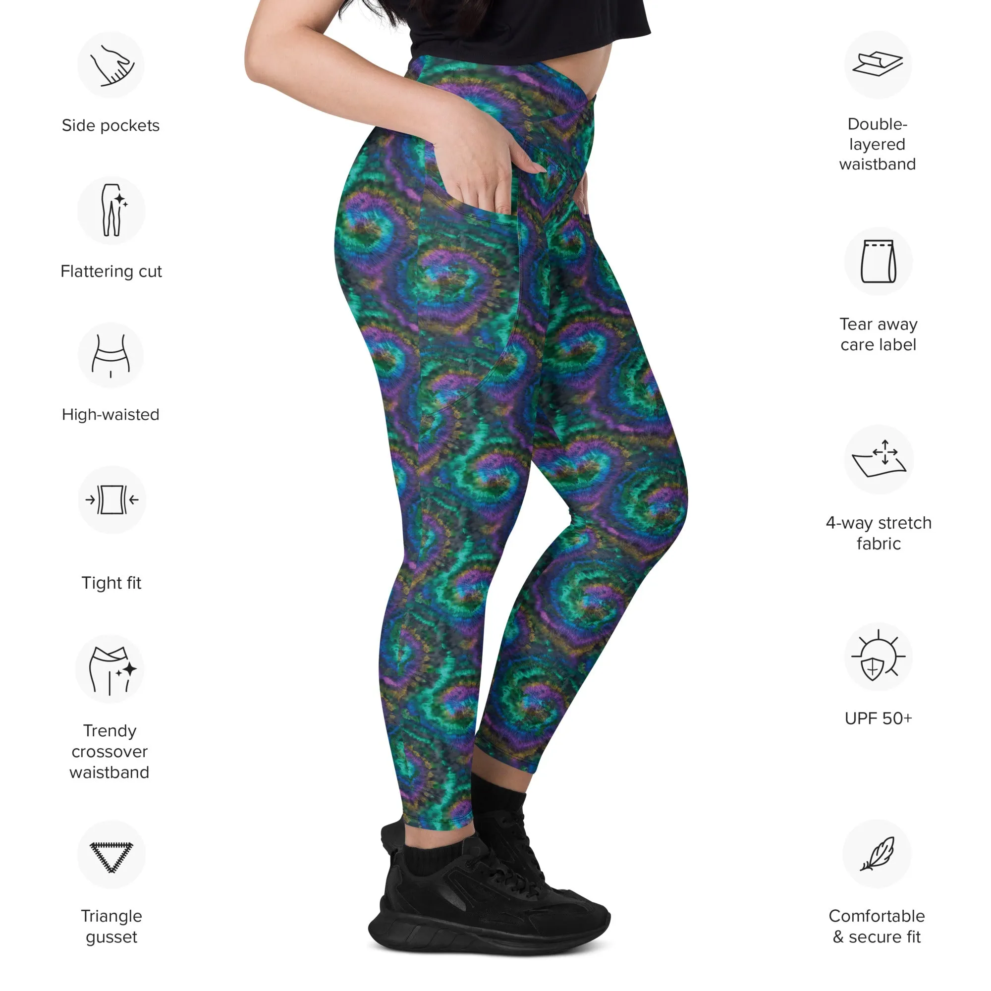 Purple and Blue Tie Dye Crossover leggings with pockets