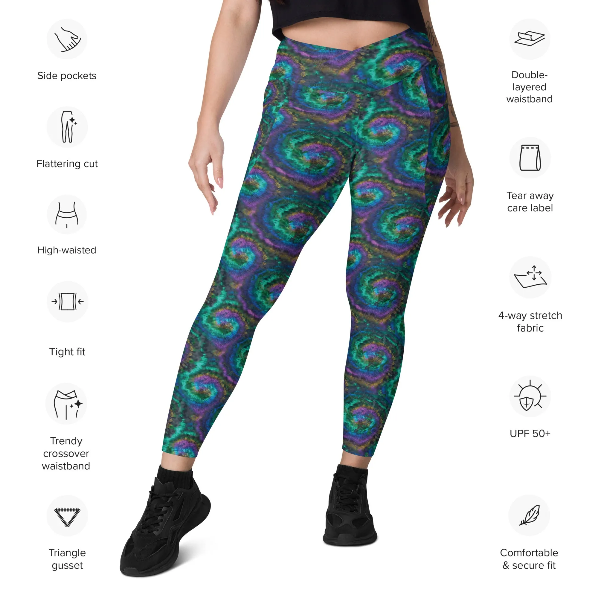 Purple and Blue Tie Dye Crossover leggings with pockets