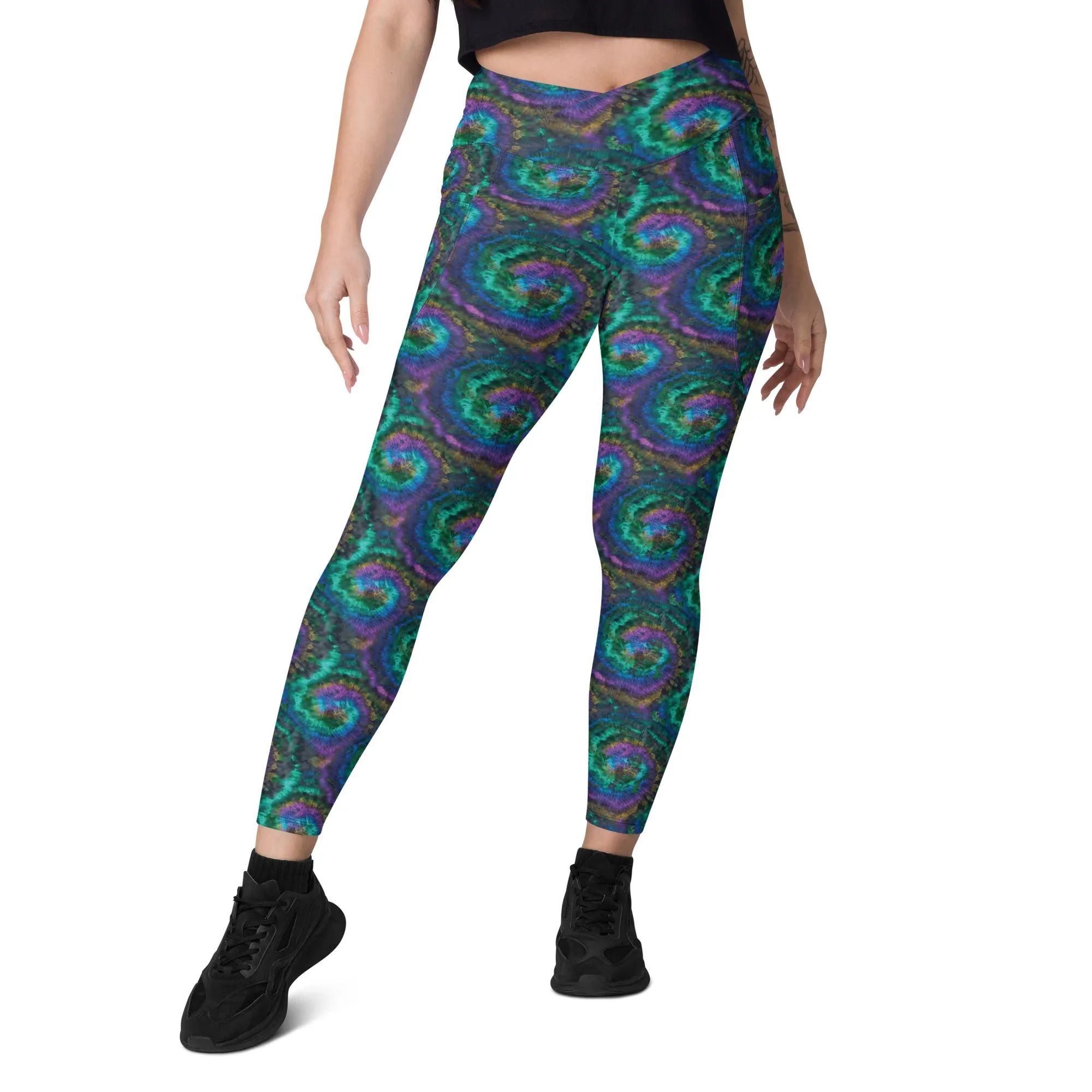 Purple and Blue Tie Dye Crossover leggings with pockets
