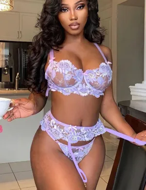 Purple Embroidery Floral Lace Underwire Garter Bra Set Egypt