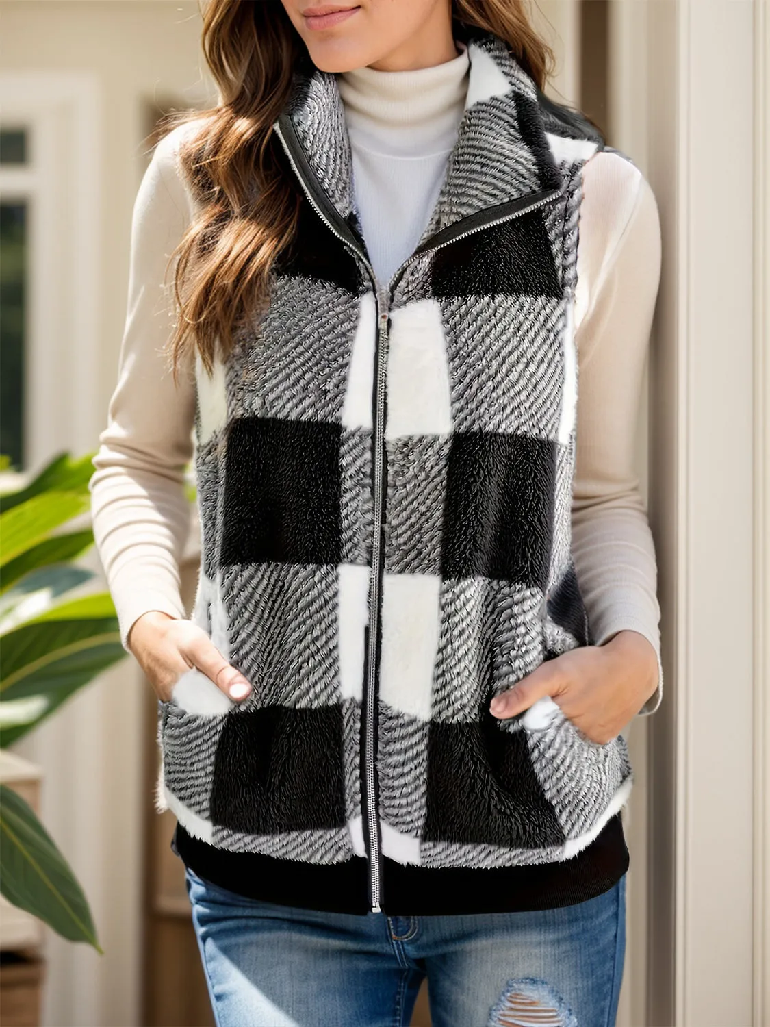 Rebecca Pocketed Plaid Zip Up Vest