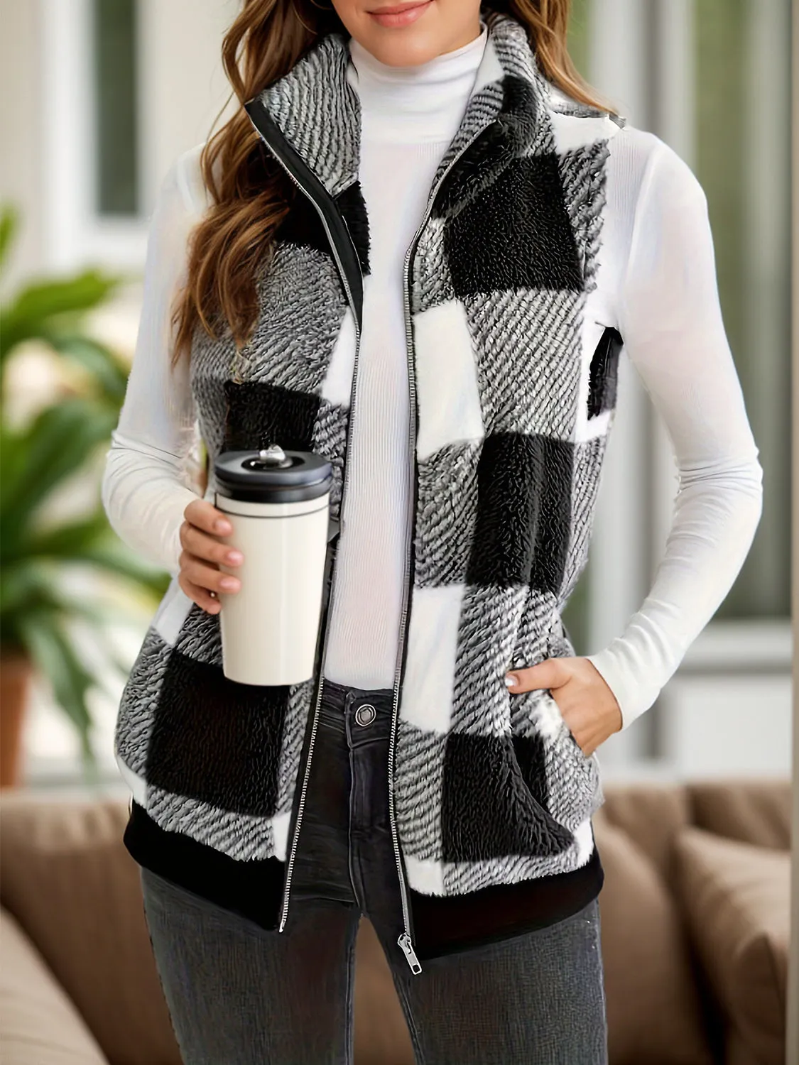 Rebecca Pocketed Plaid Zip Up Vest