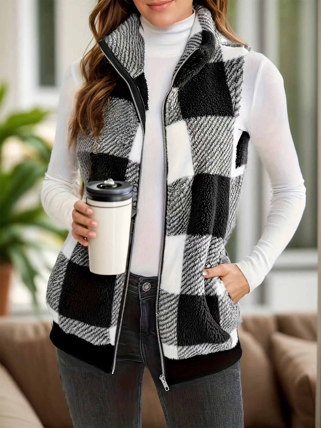 Rebecca Pocketed Plaid Zip Up Vest