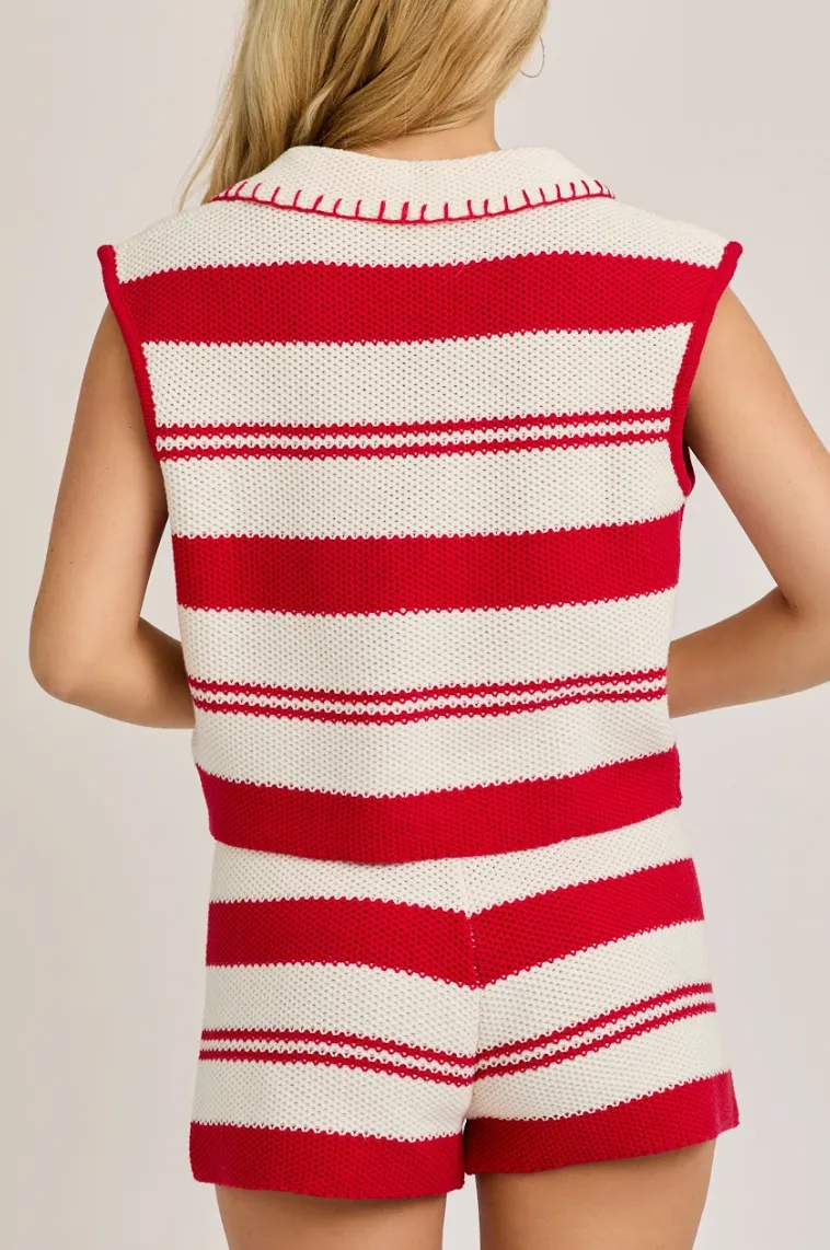 Red & White Knit Shorts Set