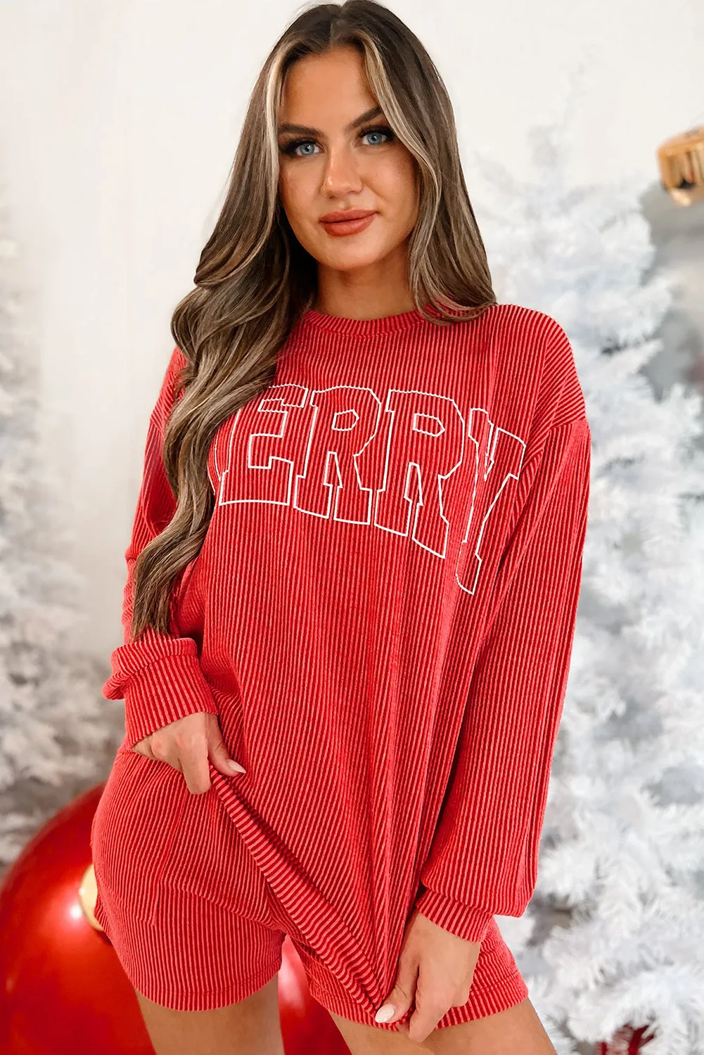 Red Corded Merry Graphic Long Sleeve Top and Shorts Set
