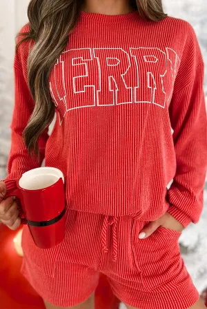 Red Corded Merry Graphic Long Sleeve Top and Shorts Set