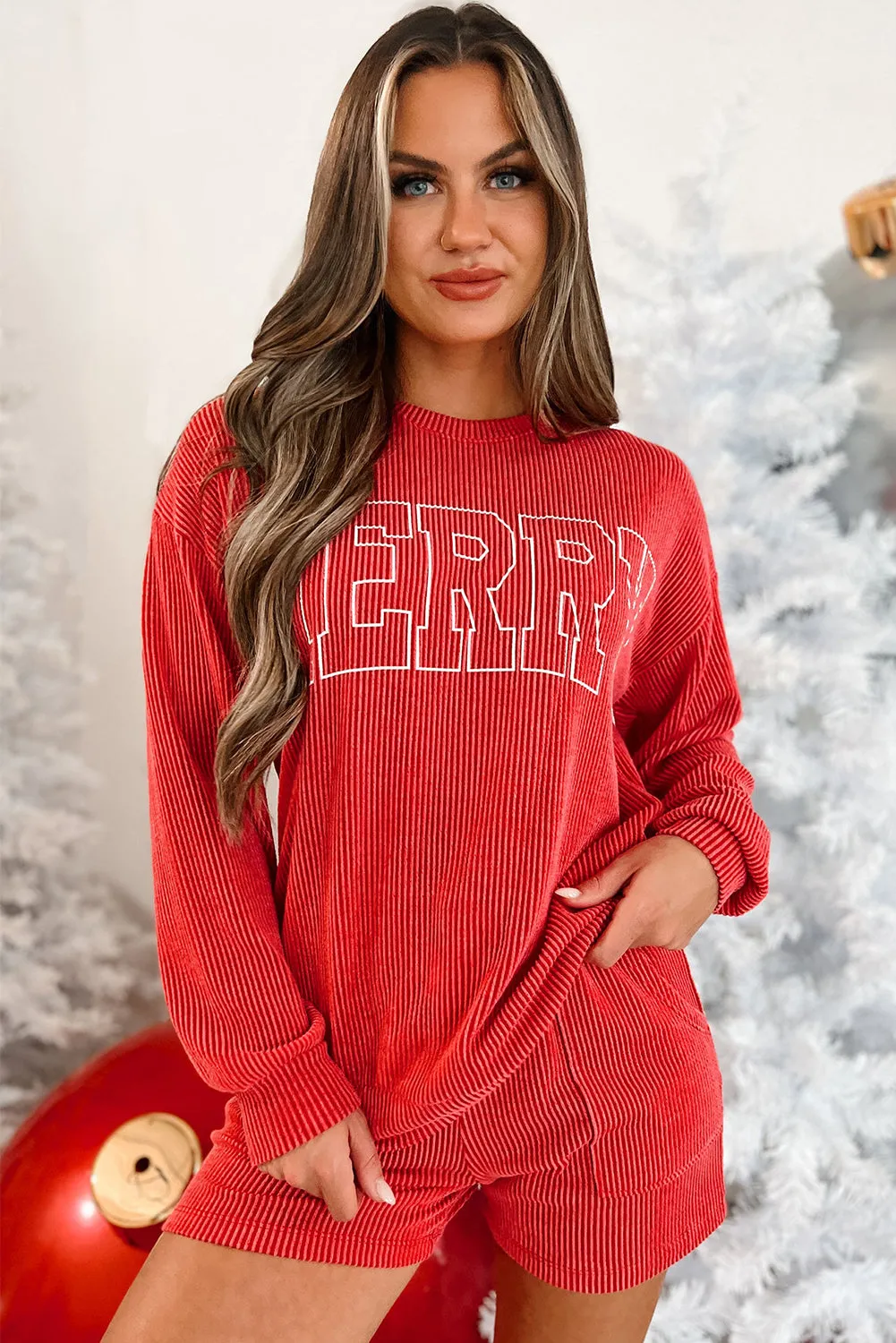 Red Corded Merry Graphic Long Sleeve Top and Shorts Set
