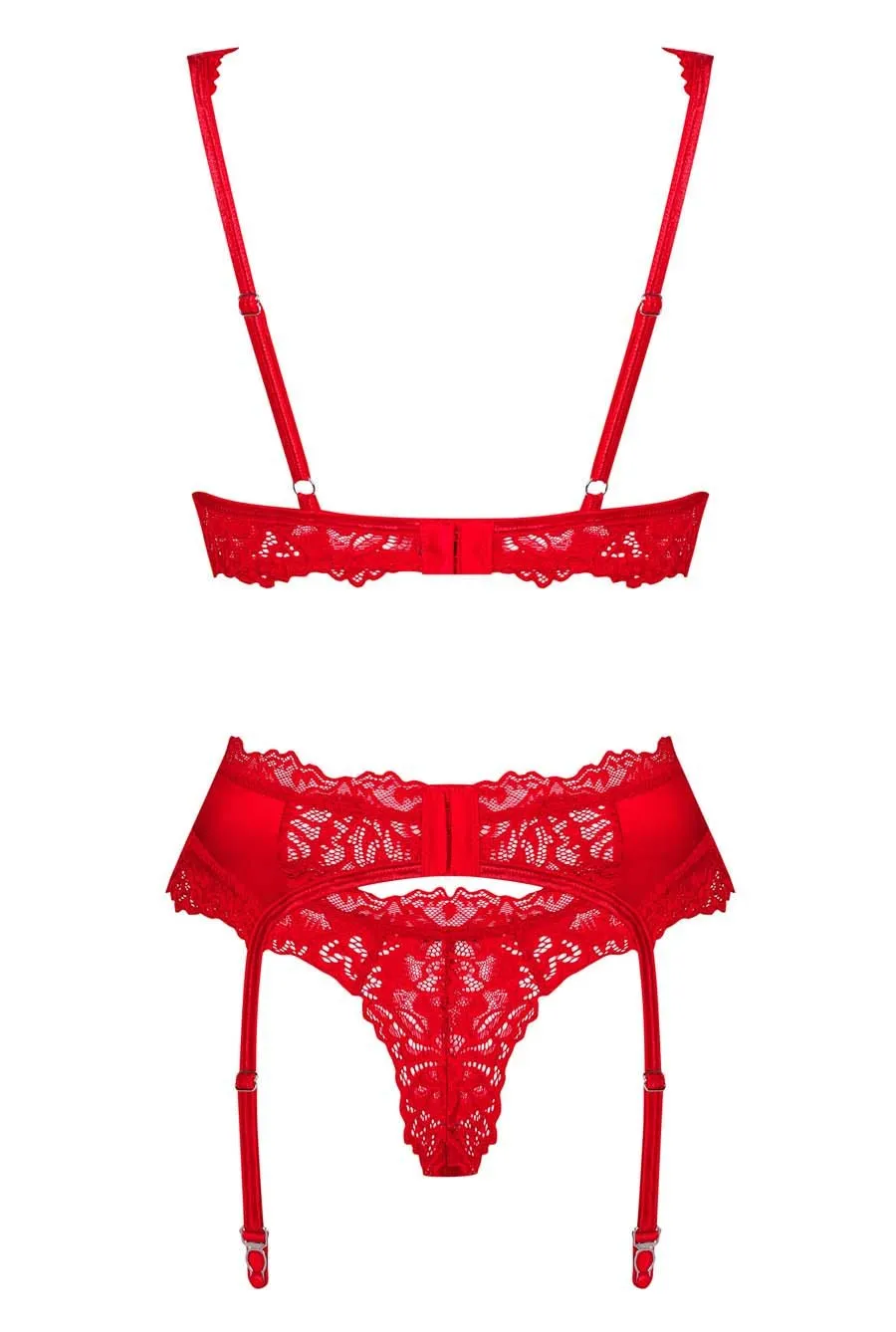 Red Satin 3 Piece Suspender Belt Lingerie Set
