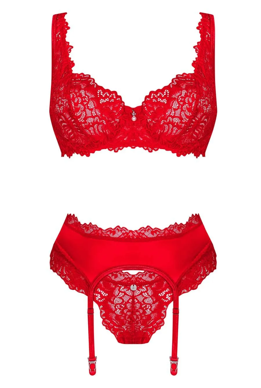 Red Satin 3 Piece Suspender Belt Lingerie Set