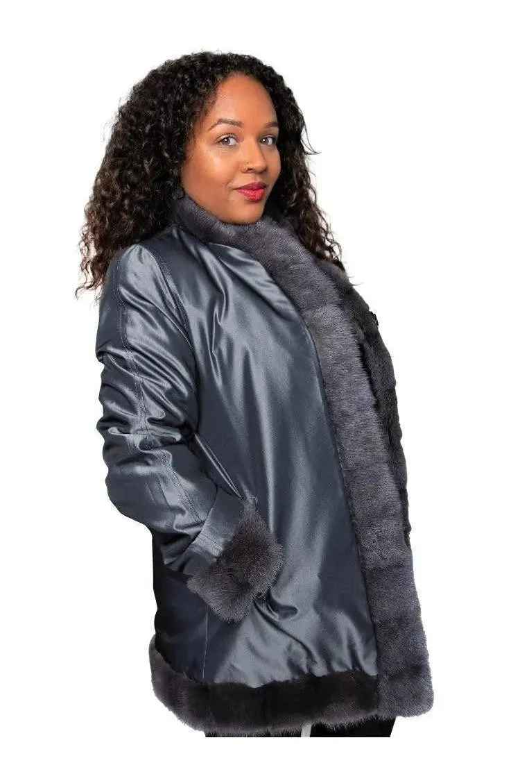 Reversible Grey Sheared Plucked Mink Jacket Reversible to Taffeta