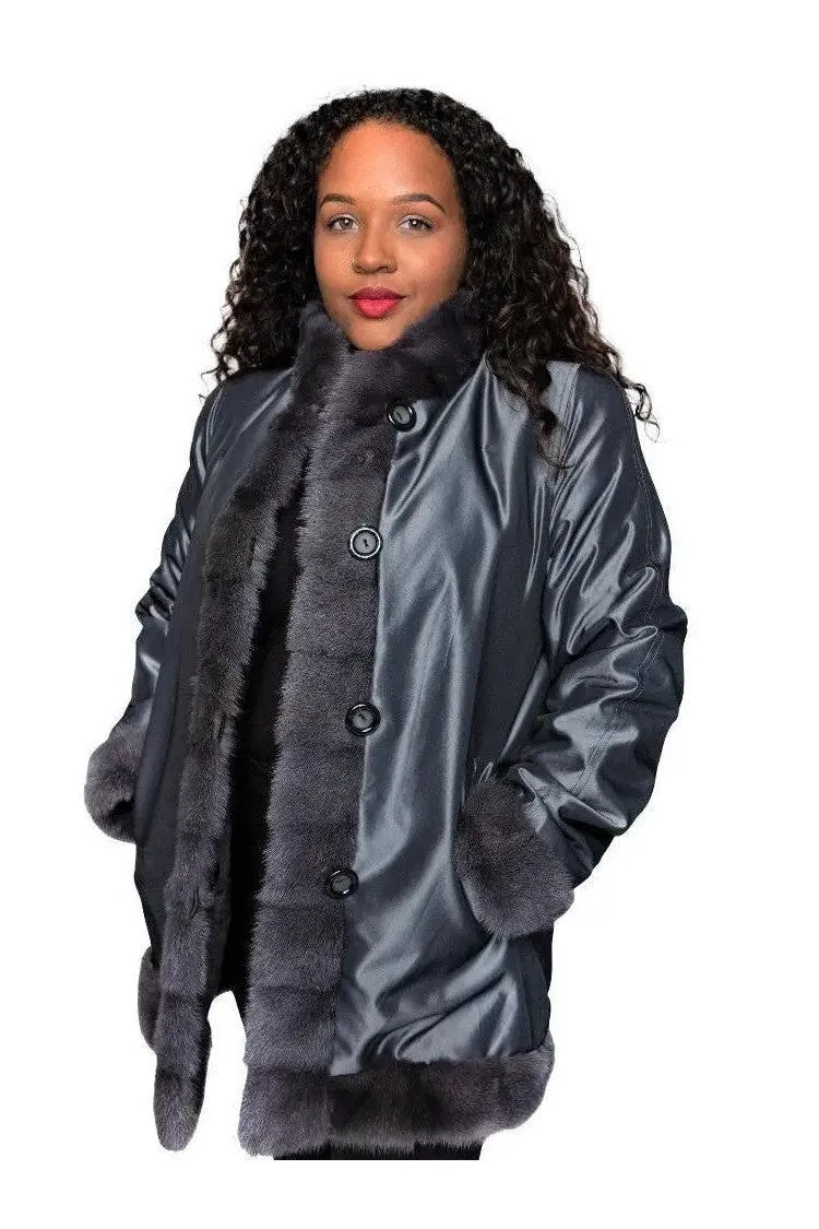 Reversible Grey Sheared Plucked Mink Jacket Reversible to Taffeta