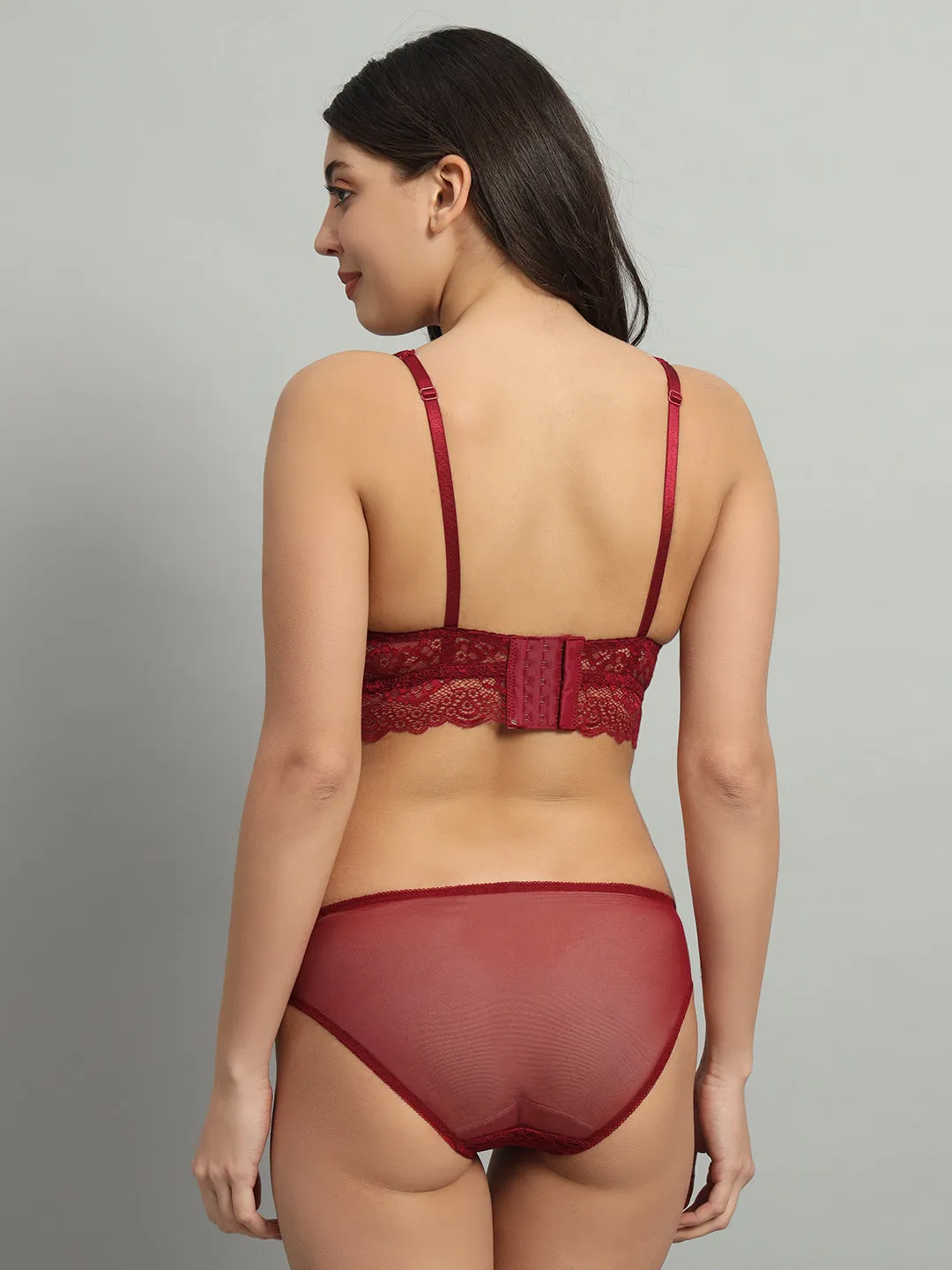 revoue premium sexy burgundy lingerie set (laced double layered padded wired full-cup bralette & low waist bikini panty)