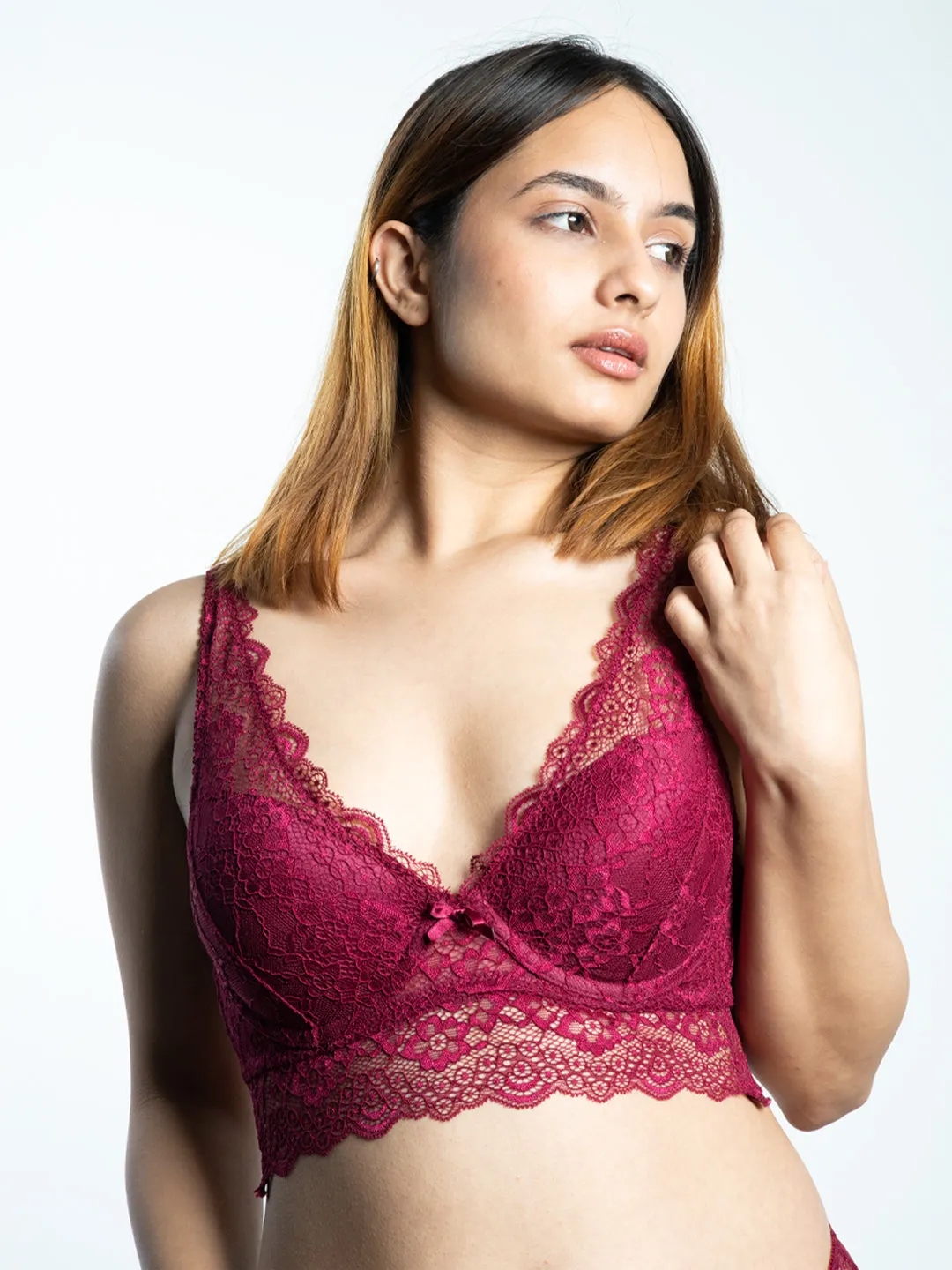 revoue premium sexy burgundy lingerie set (laced double layered padded wired full-cup bralette & low waist bikini panty)
