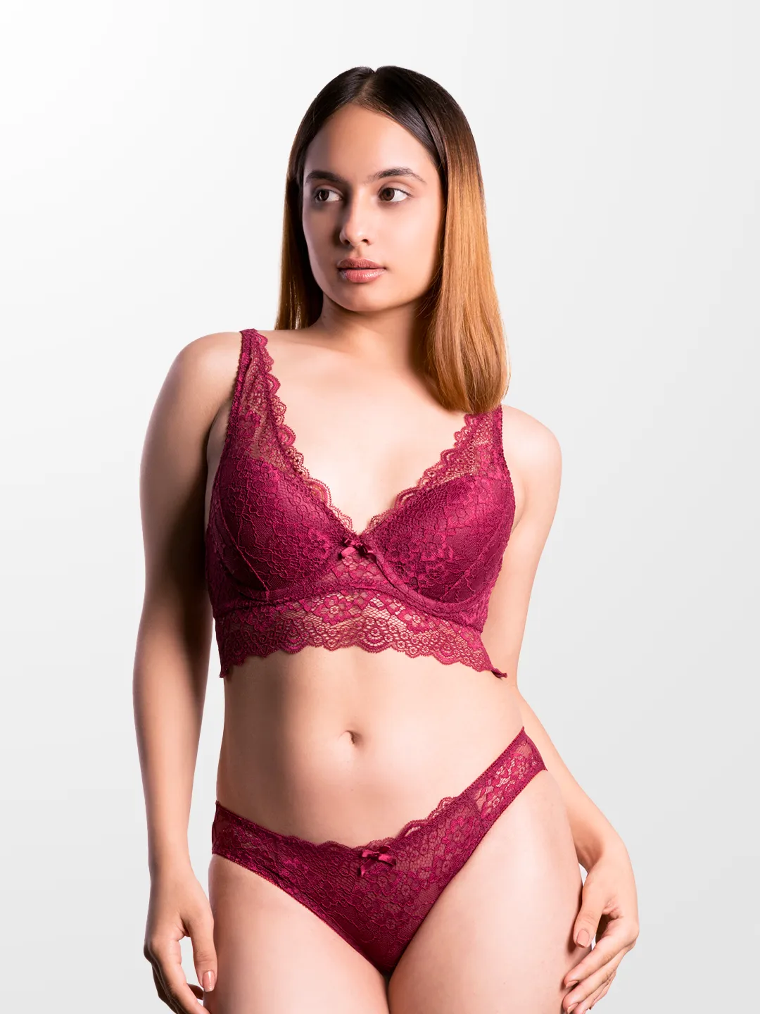 revoue premium sexy burgundy lingerie set (laced double layered padded wired full-cup bralette & low waist bikini panty)