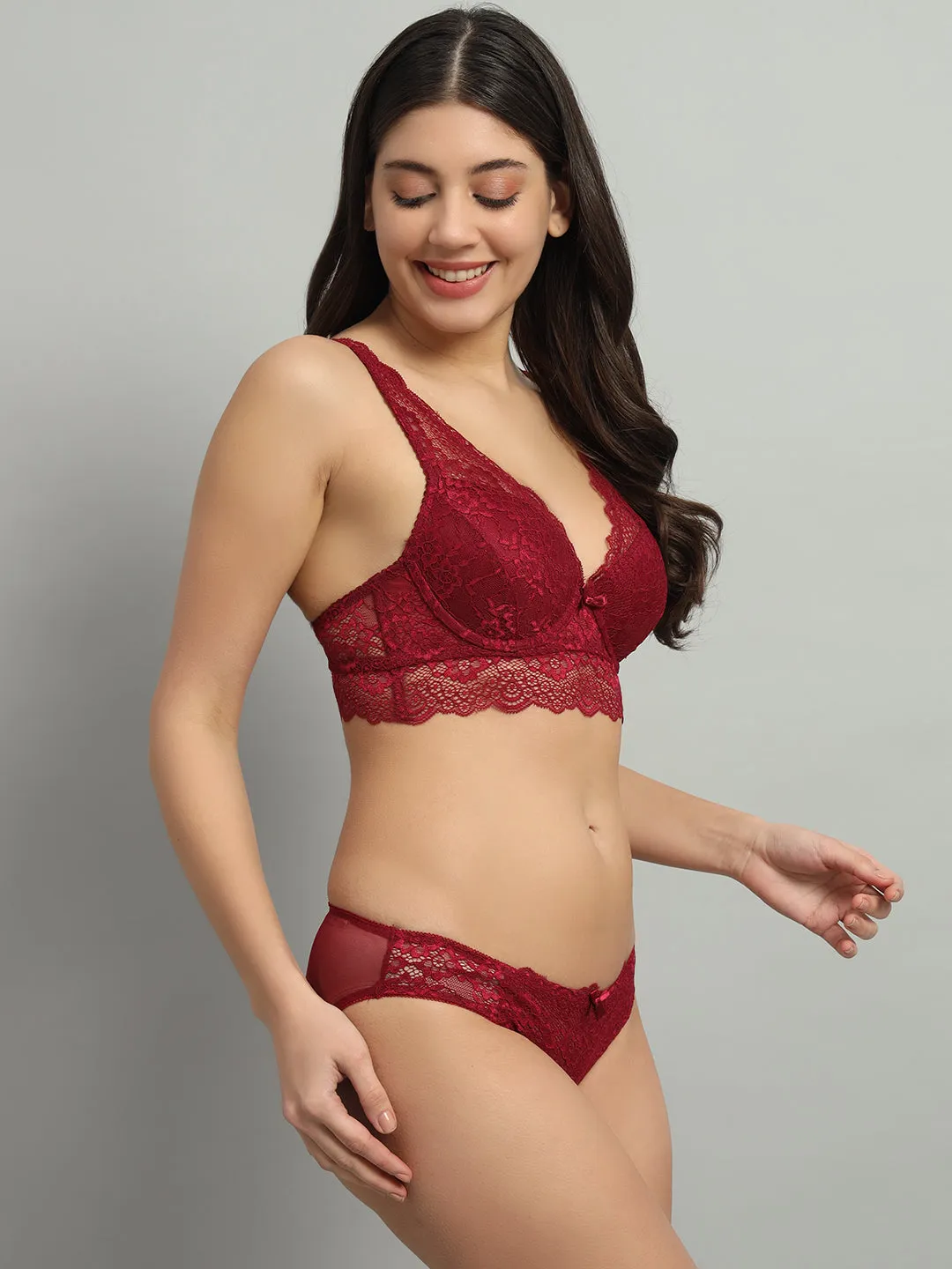 revoue premium sexy burgundy lingerie set (laced double layered padded wired full-cup bralette & low waist bikini panty)