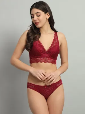 revoue premium sexy burgundy lingerie set (laced double layered padded wired full-cup bralette & low waist bikini panty)