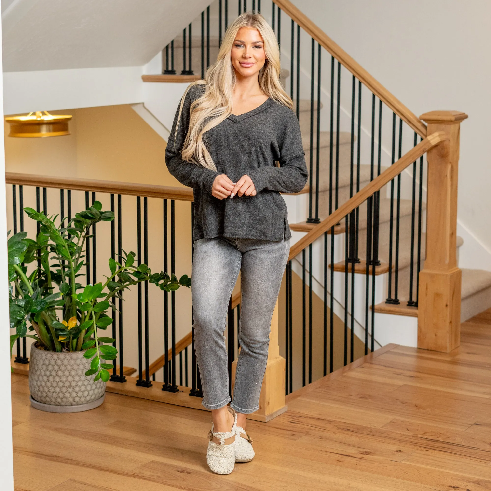 Ribbed V-Neck Drop Shoulder Top Regular & Plus Sizes