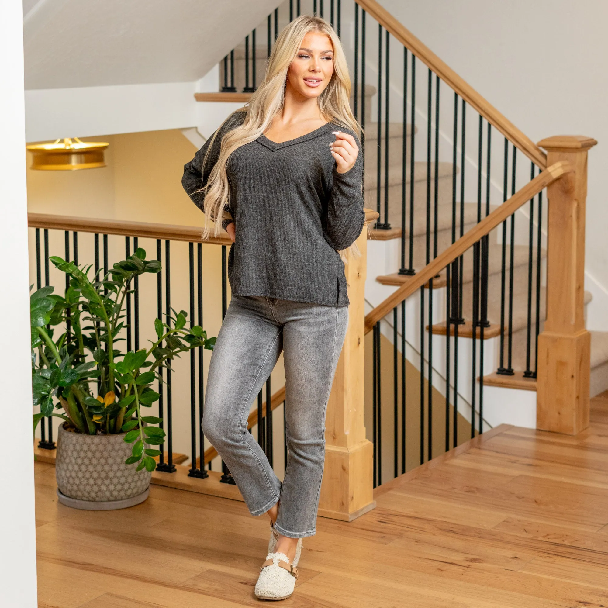 Ribbed V-Neck Drop Shoulder Top Regular & Plus Sizes