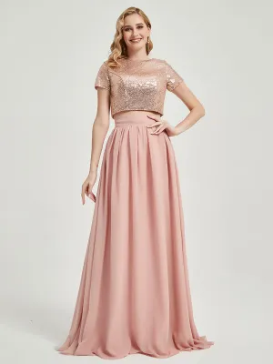 Rose Gold Sequin Top   Dusty Pink Chiffon Separates Rustic Bridesmaid Dress 2 Sets