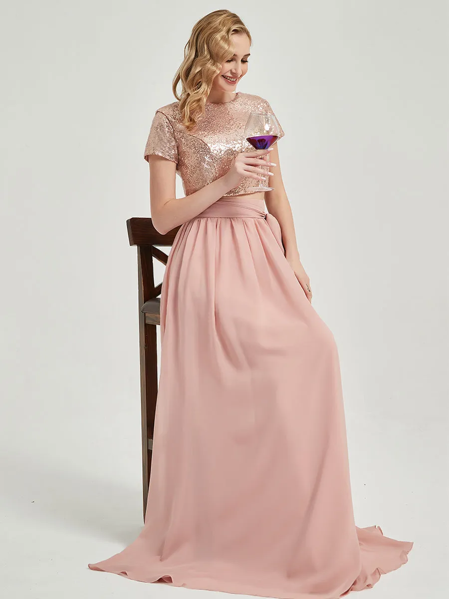 Rose Gold Sequin Top   Dusty Pink Chiffon Separates Rustic Bridesmaid Dress 2 Sets