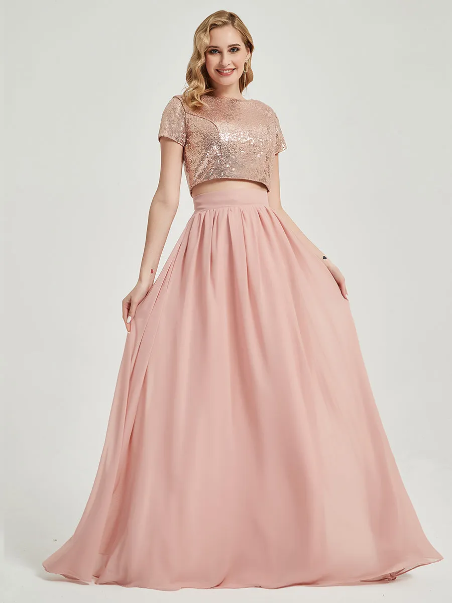 Rose Gold Sequin Top   Dusty Pink Chiffon Separates Rustic Bridesmaid Dress 2 Sets