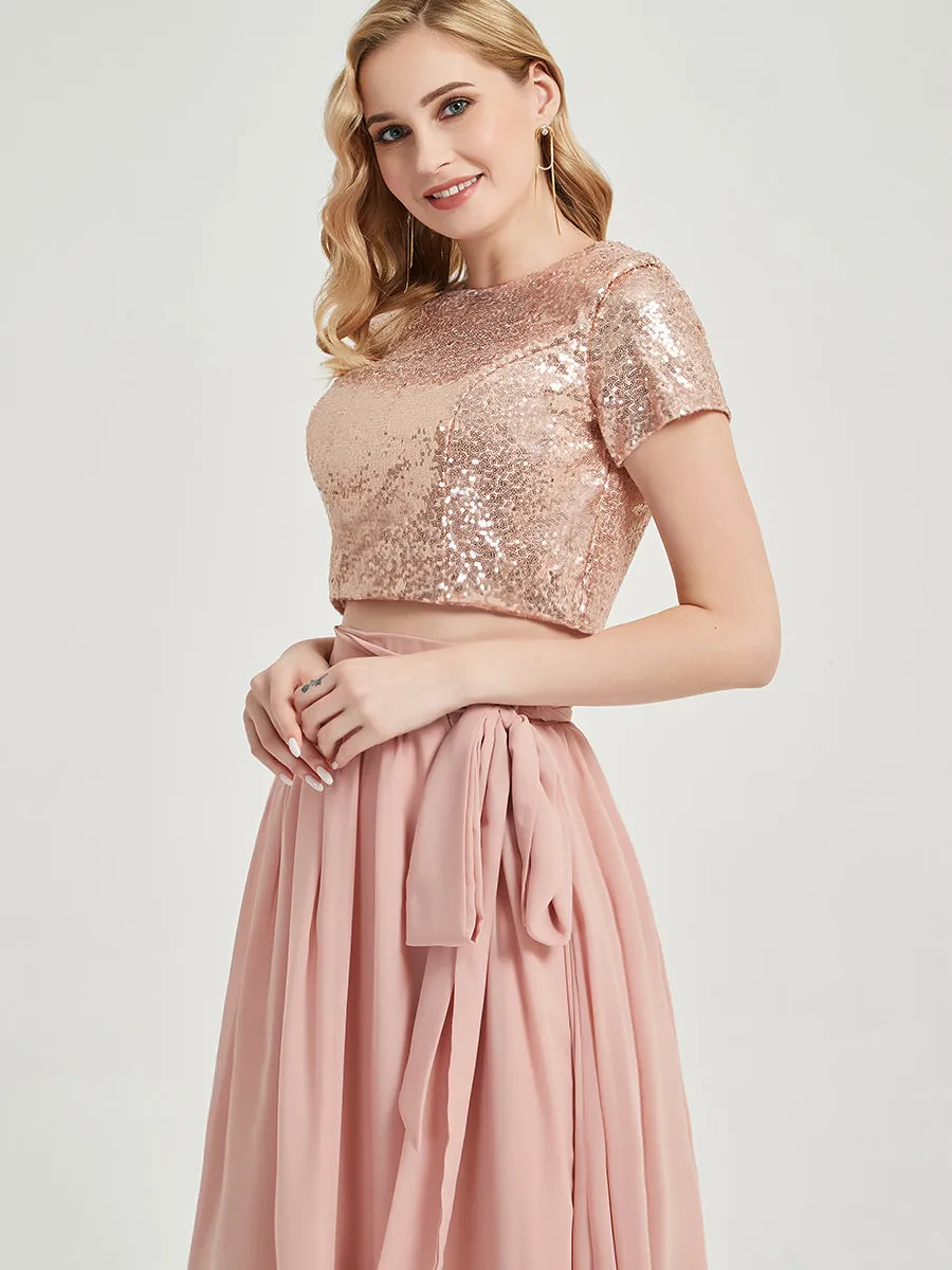 Rose Gold Sequin Top   Dusty Pink Chiffon Separates Rustic Bridesmaid Dress 2 Sets