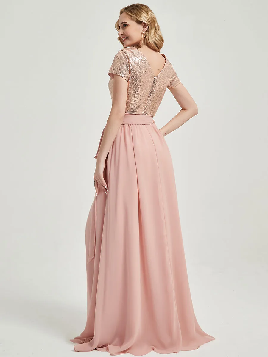 Rose Gold Sequin Top   Dusty Pink Chiffon Separates Rustic Bridesmaid Dress 2 Sets