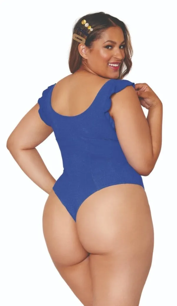 Ruffled Sleeve Rib Knit Plus Size Teddy