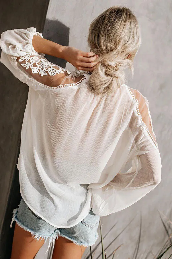 Ruffled Solid Drawstring Lace Blouse