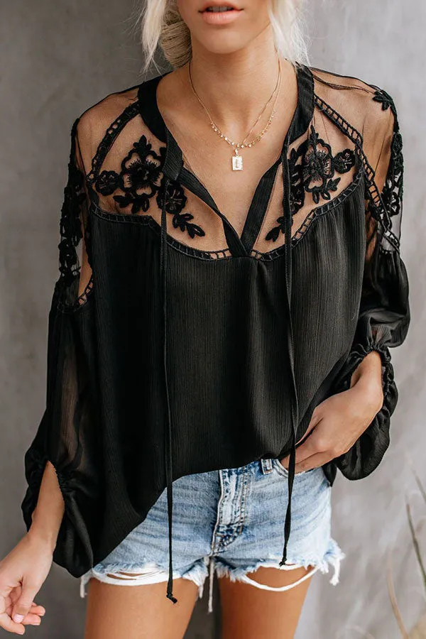 Ruffled Solid Drawstring Lace Blouse
