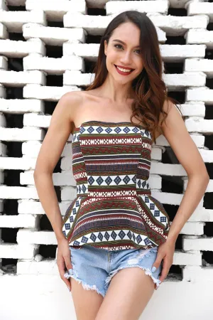 Ruffled Strapless Open Back Printed Blouse