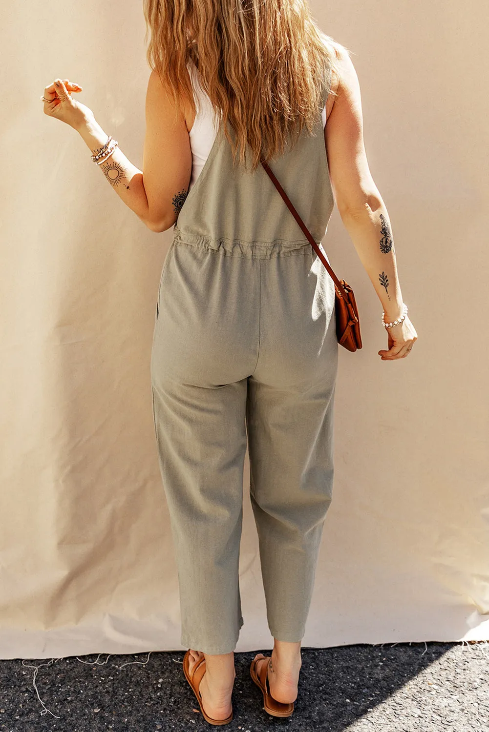 Sage Green Drawstring Buttoned Straps Cropped Overall