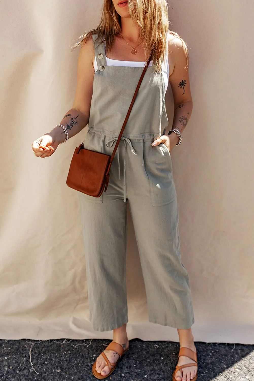 Sage Green Drawstring Buttoned Straps Cropped Overall