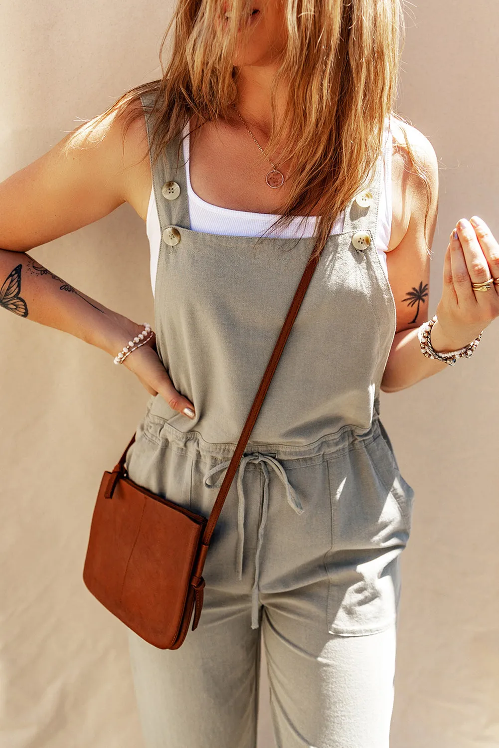 Sage Green Drawstring Buttoned Straps Cropped Overall