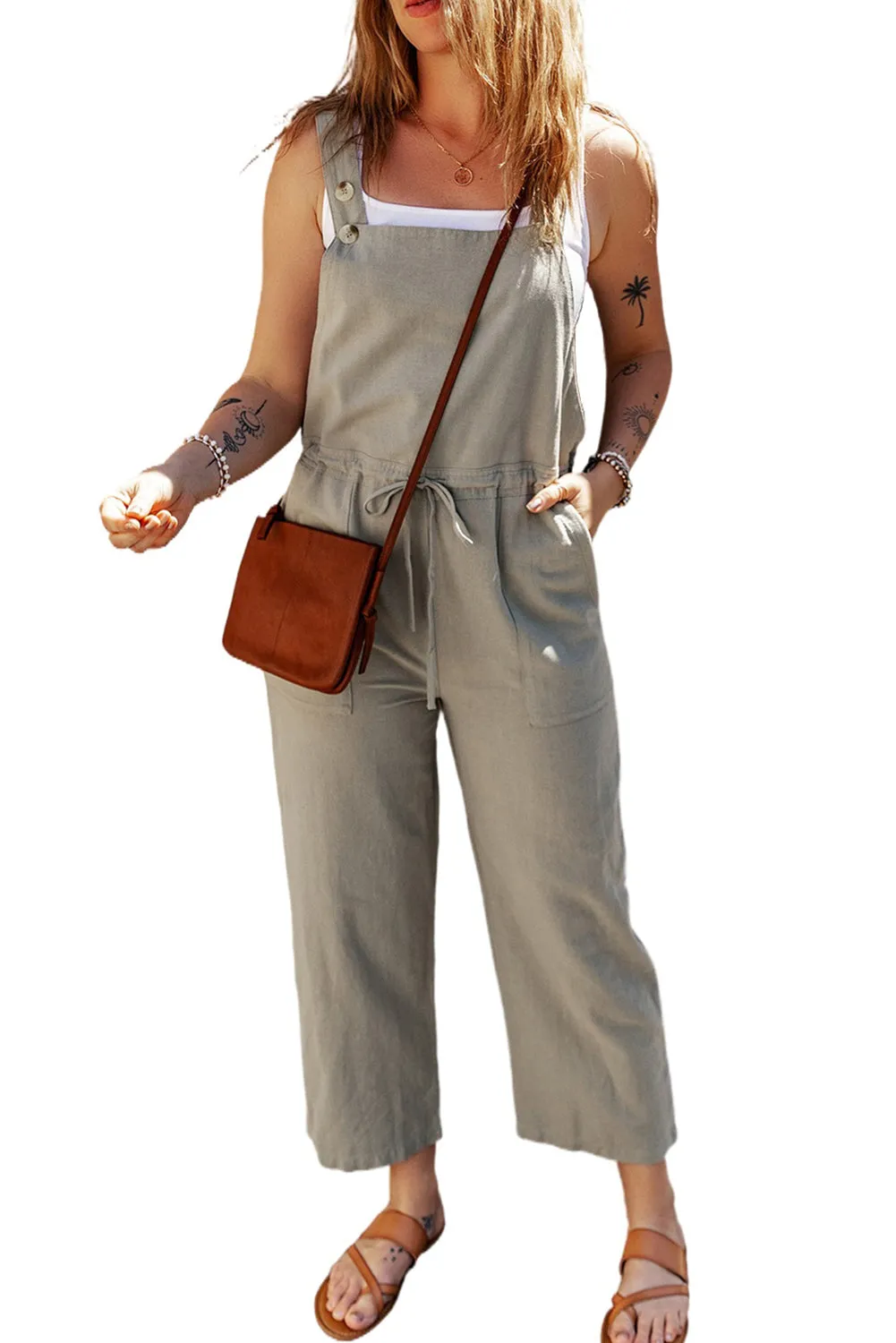 Sage Green Drawstring Buttoned Straps Cropped Overall