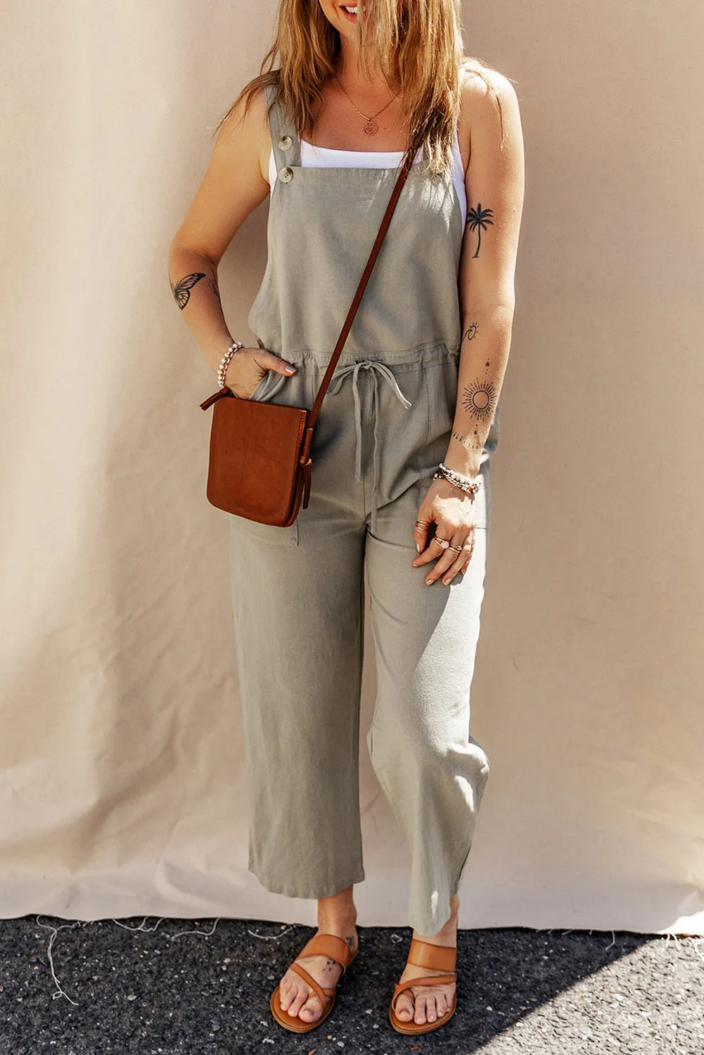 Sage Green Drawstring Buttoned Straps Cropped Overall
