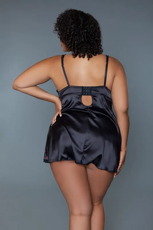 Satin Babydoll Lingerie With Floral Mesh Embroidery And Ruffled Trim - V Neck & Adjustable Straps
