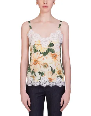 Satin lingerie top with lace and camellia print