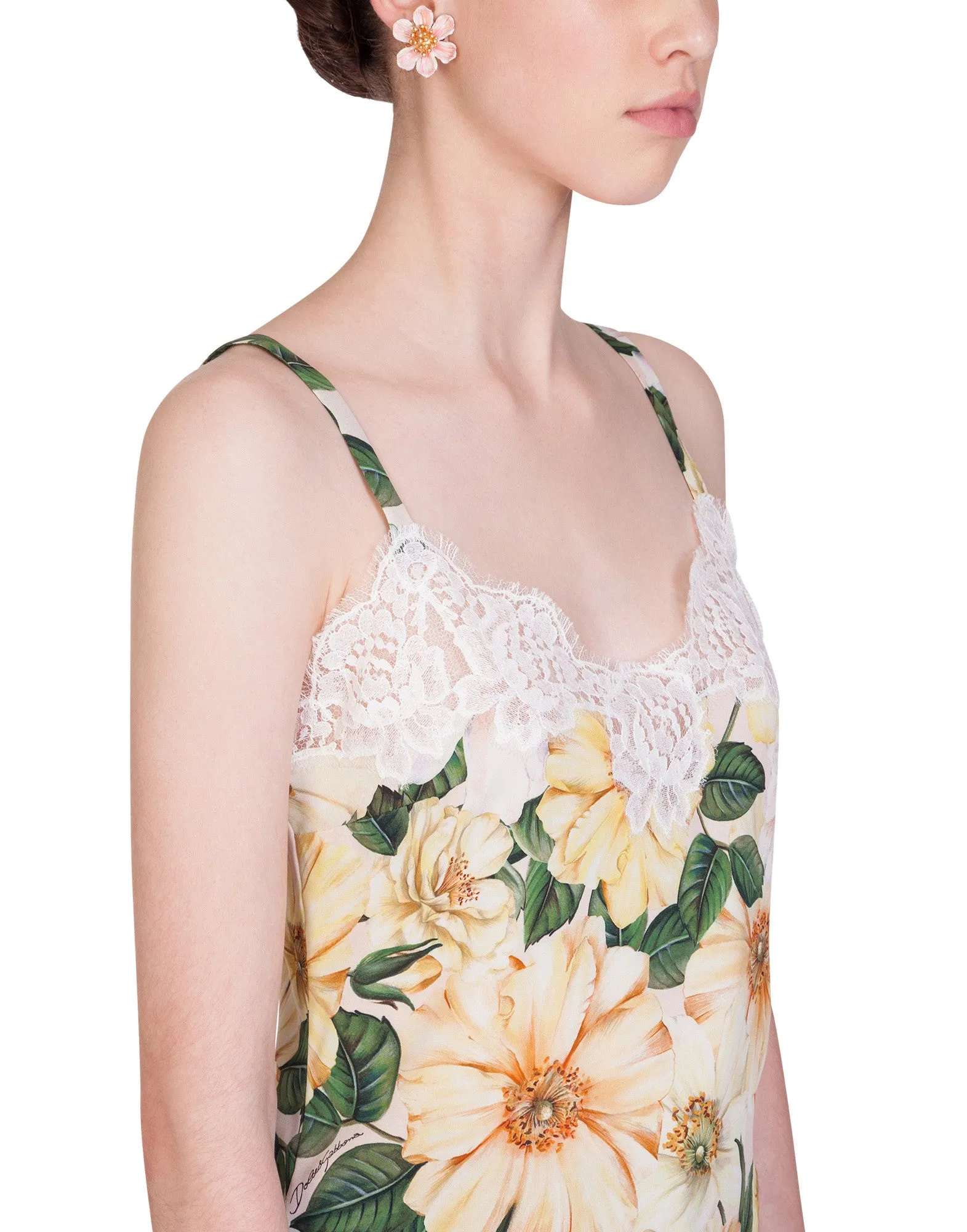 Satin lingerie top with lace and camellia print
