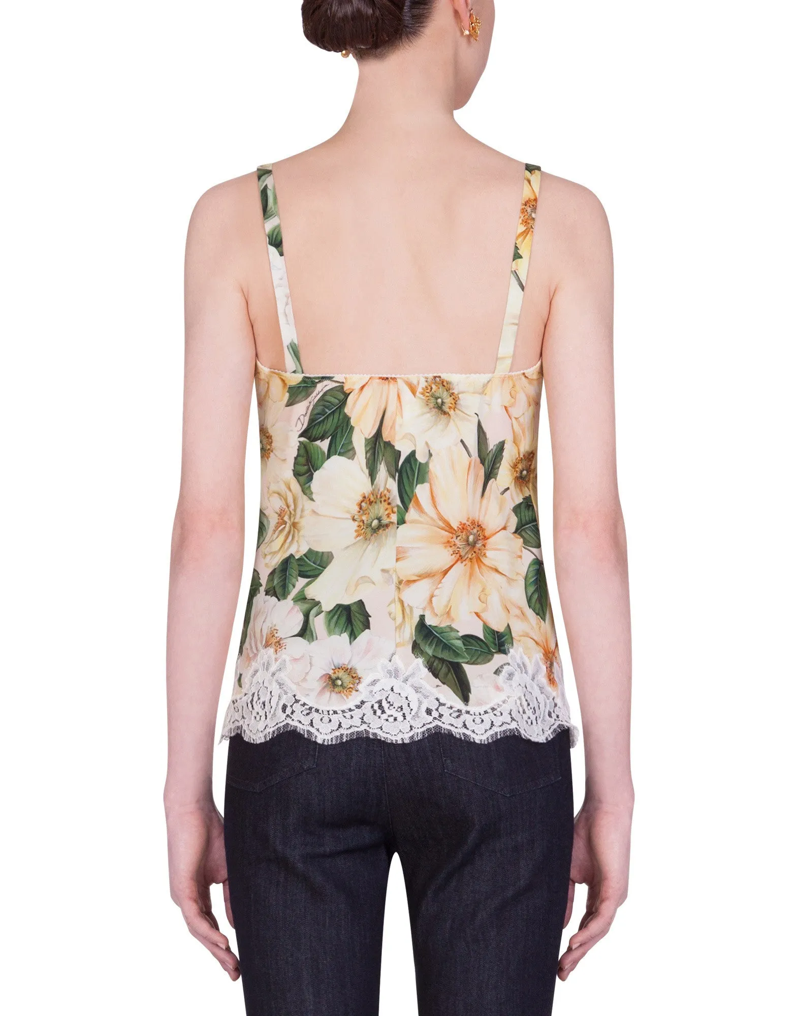Satin lingerie top with lace and camellia print