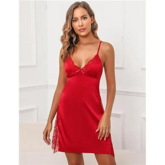 Satin Nightgown V Neck Sleepwear Red