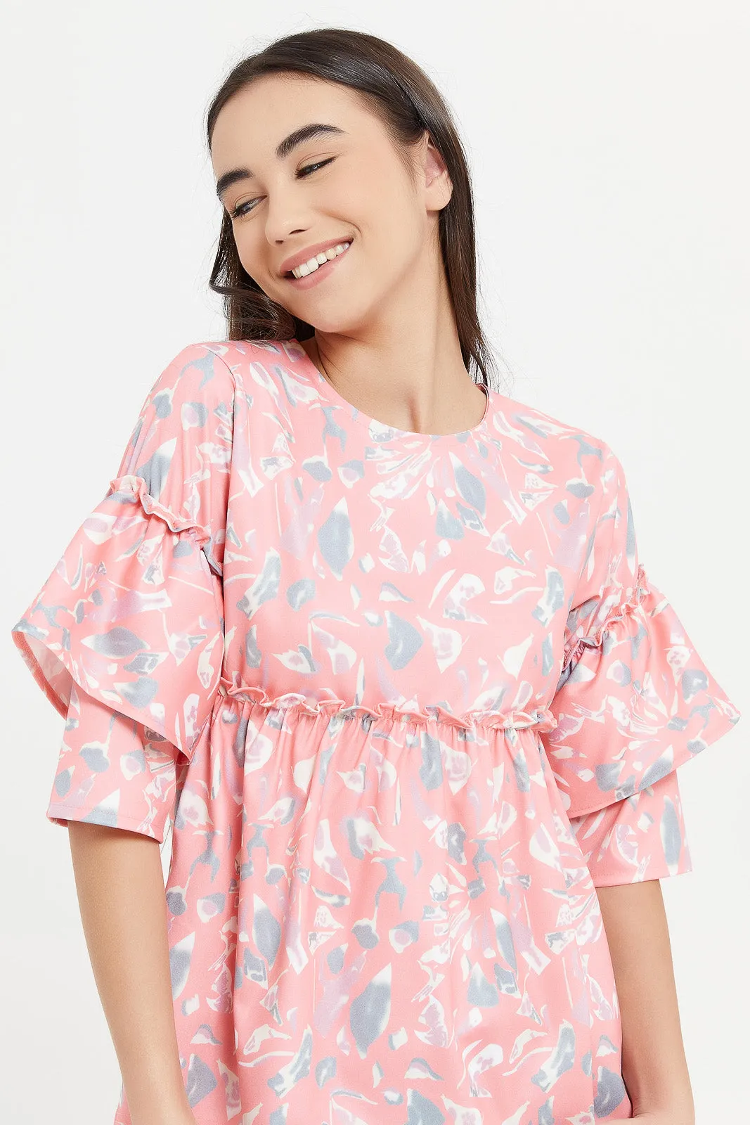 Senior Girls Coral Floral Ruffled Sleeve Top